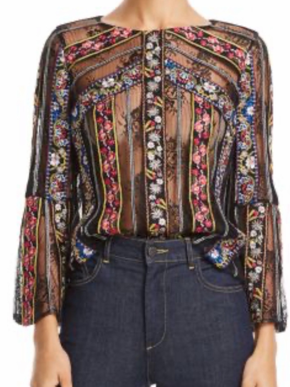 Alice + Olivia Black Sheer Floral Ribbon Embroidered Blouse